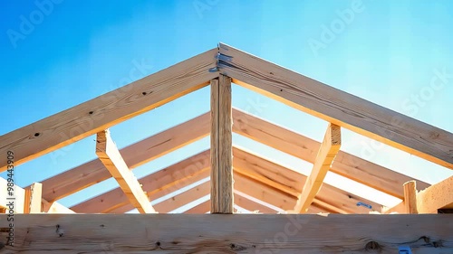 Wooden house roof framing under construction, structural building process with timber framework and bright sky in residential project
