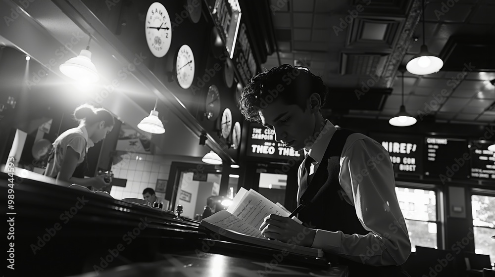 A man sitting at a bar writing in a book A man sitting at a bar writing in a book