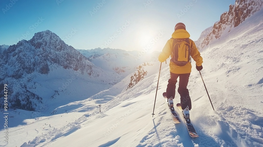 An Adventurous Skier is Ascending a Snowy Mountain at the Beautiful Sunrise Horizon An Adventurous Skier is Ascending a Snowy Mountain at the Beautiful Sunrise Horizon