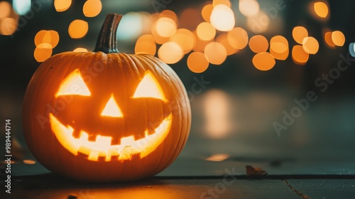 halloween pumpkin jack o lantern, blurred background, space for text