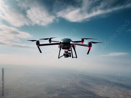 close up of modern photo drone in the sky photo