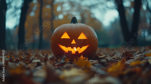 halloween pumpkin jack o lantern in forest on autumn leaves