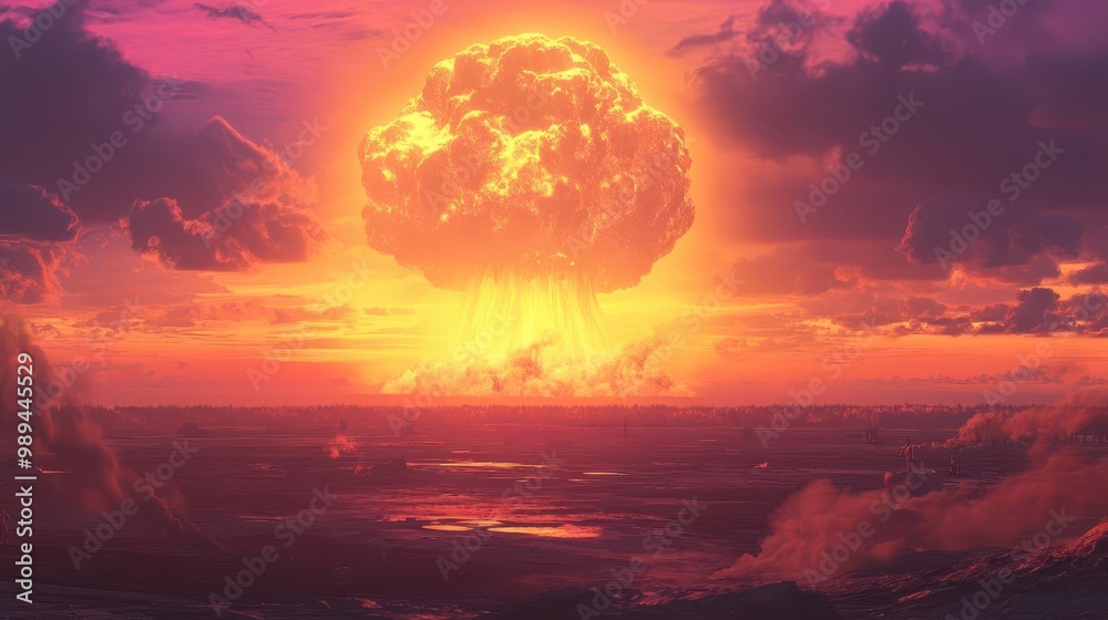 Fototapeta premium haunting aftermath of a nuclear explosion with a massive mushroom cloud looming over a desolate landscape eerie otherworldly light bathes the scene in surreal hues of orange and purple
