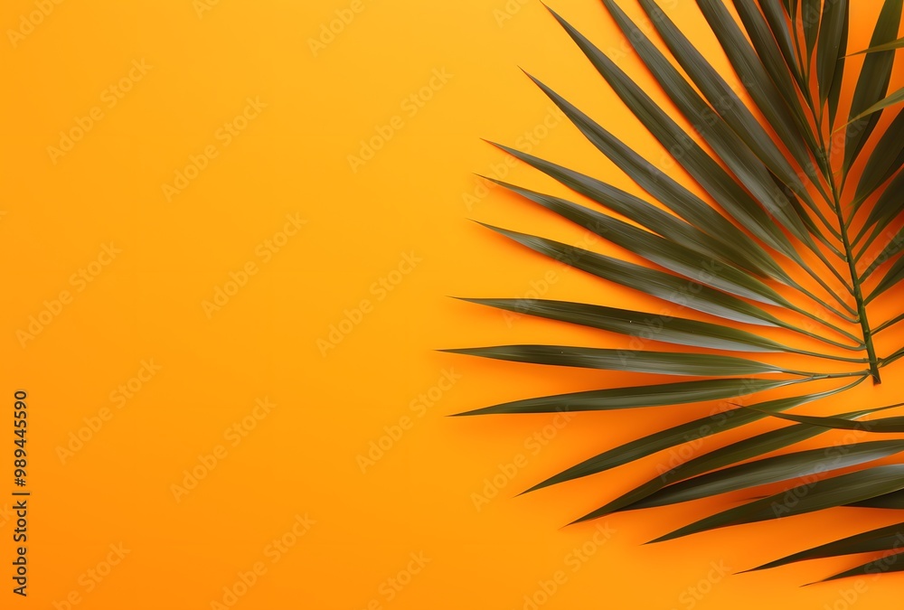 Fototapeta premium Orange Background with Palm Leaf, Summer Concept