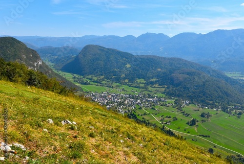 View of Stara Fužina village and Rudnica hill in Bohinj, Gorenjska, Slovenia photo