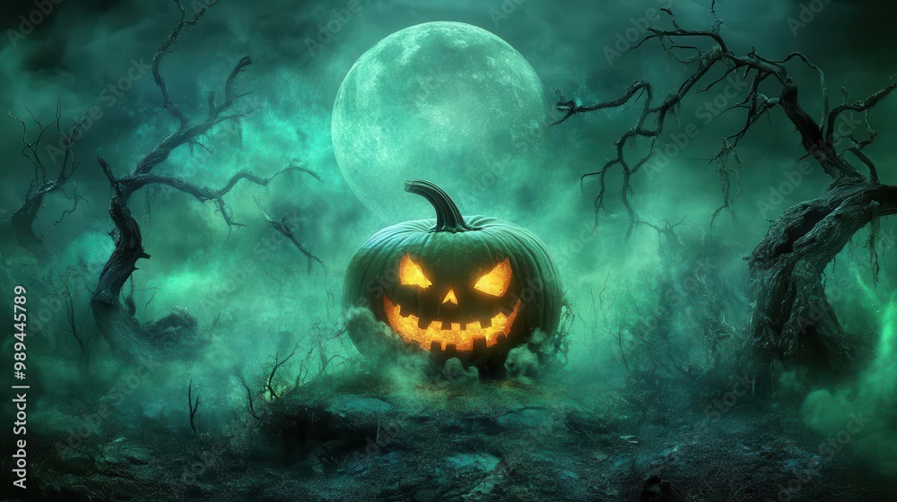 Fototapeta premium haunting jackolantern emitting eerie green mist twisted dead trees full moon backdrop