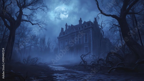 haunting halloween nightscape hyperrealistic 3d rendering of decrepit victorian mansion eerie moonlight twisted dead trees fogshrouded street spinechilling atmosphere photo