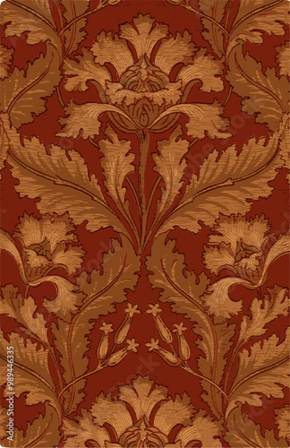 Vintage floral wallpaper with stylized flowers and leaves on a red background.