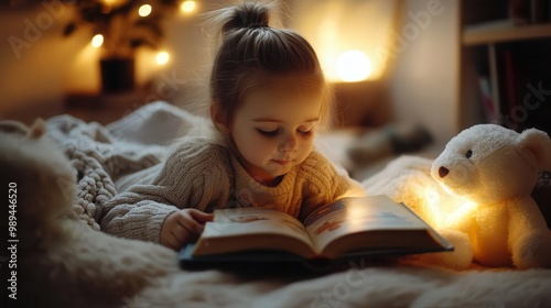 heartwarming scene of young girl engrossed in storybook cozy living room bathed in warm lamplight soft blanket and stuffed animals creating nurturing atmosphere