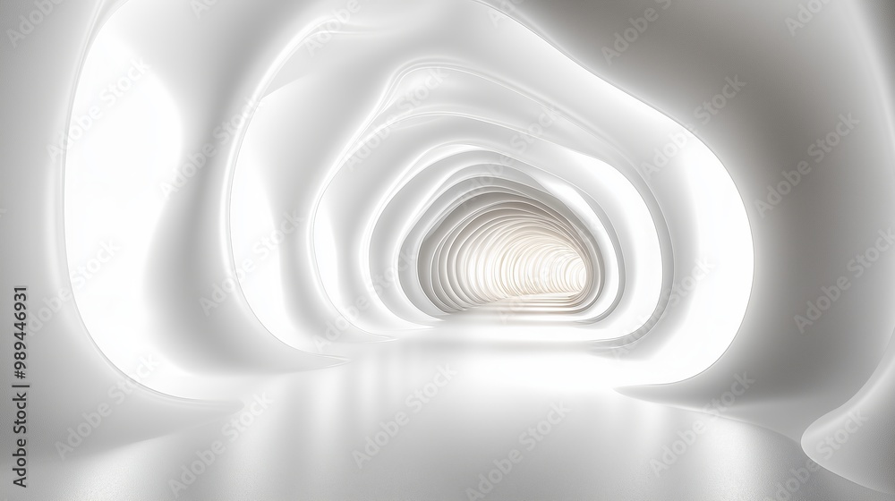 Fototapeta premium Sleek, futuristic white tunnel with smooth, flowing curves and soft lighting, creating a serene and minimalistic architectural space. Ideal for design concepts