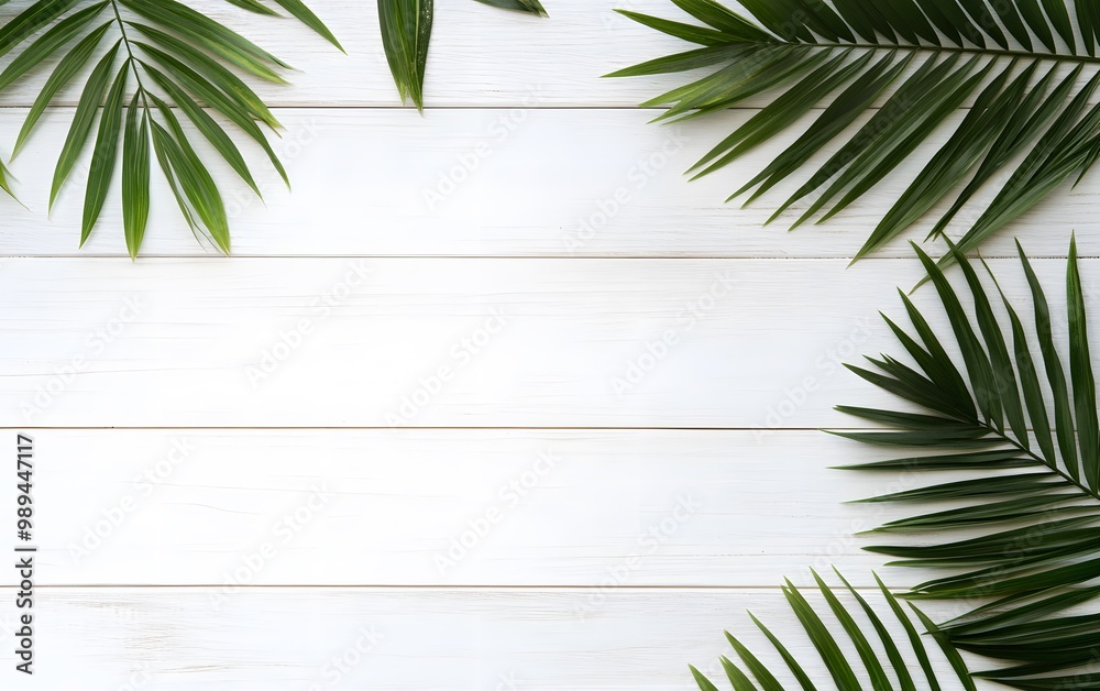 Obraz premium White Wooden Background with Palm Leaves Summer Theme