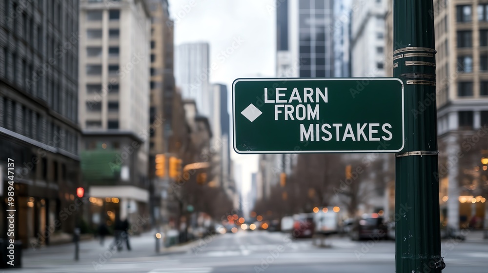 Obraz premium Urban street scene with a motivational sign that reads 'Learn from Mistakes', surrounded by tall city buildings.
