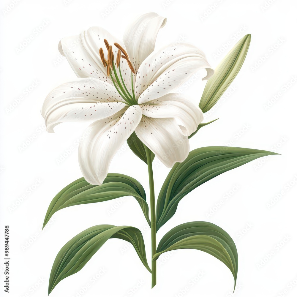 Fototapeta premium A beautiful white lily flower with green leaves, perfect for decor, gardening, or nature-themed projects, white background