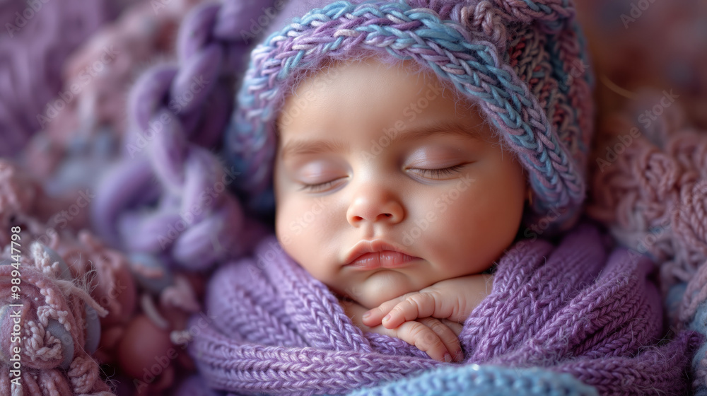 A baby sleeping on a purple blanket wrapped in a purple and blue blanket A baby sleeping on a purple blanket wrapped in a purple and blue blanket