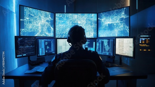 hightech 911 emergency response center police officer operating advanced monitoring systems multiple screens data visualization tense atmosphere blue light ambiance