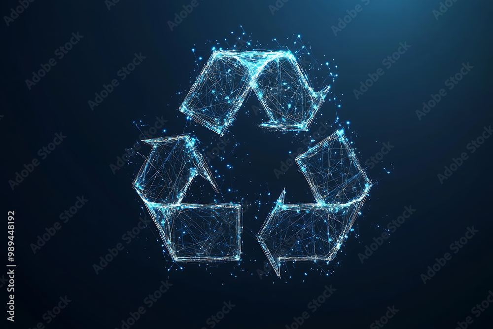 sign recycling  , minimalist poster silhouette logo in the wireframe style on a dark blue background
