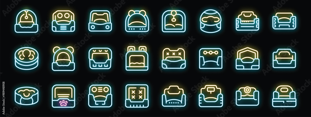 Pet carrying neon icons showing cat carrier bag and kennel for travel trip Pet carrying neon icons showing cat carrier bag and kennel for travel trip