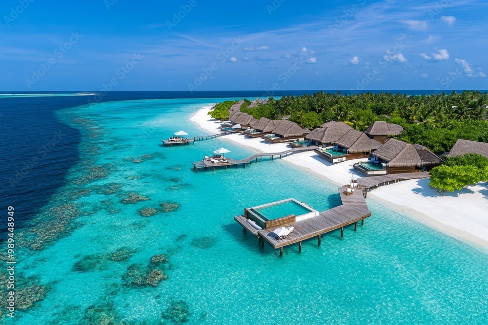 A luxury resort on a private island, with overwater villas and white sandy beaches, symbolizing ultimate relaxation and privacy A luxury resort on a private island, with overwater villas and white sandy beaches, symbolizing ultimate relaxation and privacy