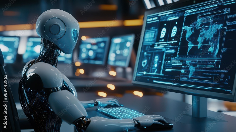 humanoid ai robot working at futuristic computer terminal in hightech office glowing interfaces and sleek design emphasize advanced artificial intelligence in workplace humanoid ai robot working at futuristic computer terminal in hightech office glowing interfaces and sleek design emphasize advanced artificial intelligence in workplace