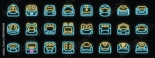 Pet carrying neon icons showing cat carrier bag and kennel for travel trip