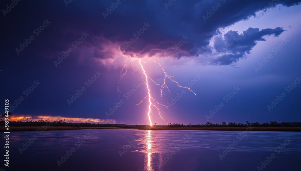 Powerful lightning bolt striking water surface at night