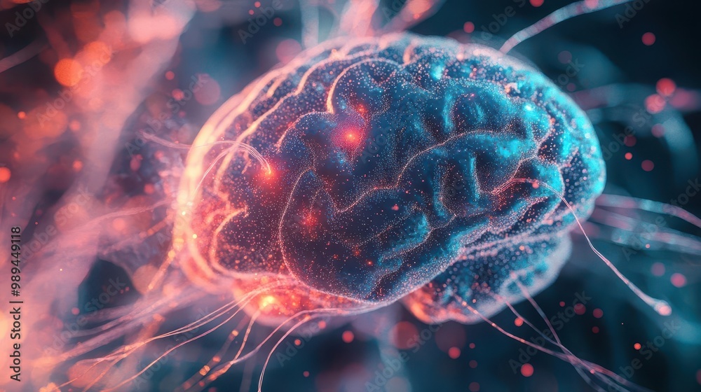 hyperdetailed 3d render of human brain with glowing neural pathways showcasing intricate structures in iridescent hues