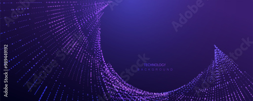 Technology ai particles banner. Dots explosion big data neon blue background. Artificial Intelligence futuristic splash connect design.	