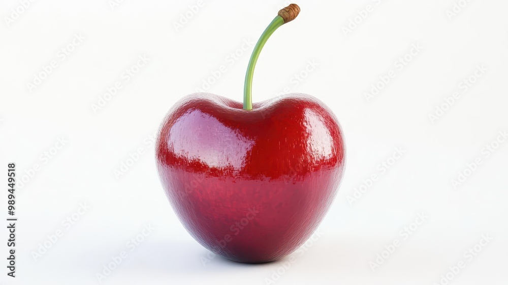 hyperrealistic 3d rendering of a plump glossy cherry vibrant red skin with lifelike texture and a perfectly modeled stem against a pure white background