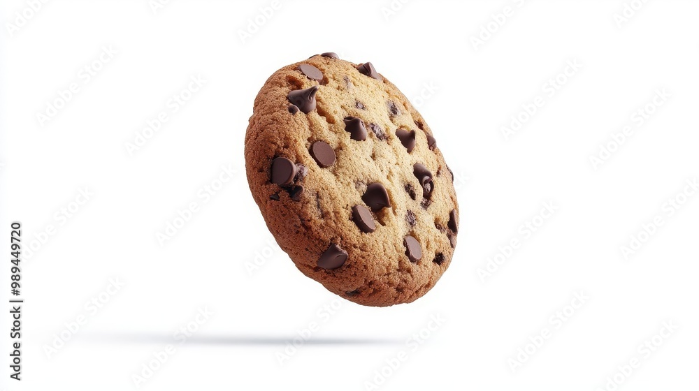 hyperrealistic chocolate chip cookie suspended in midair with individual chips and texture visible on pure white background hyperrealistic chocolate chip cookie suspended in midair with individual chips and texture visible on pure white background