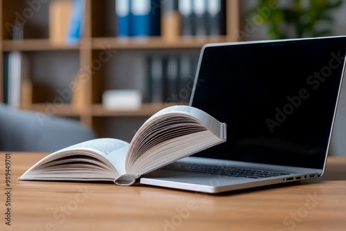 A minimalist desk with just a laptop and a single open book, representing concentrated studying without distractions