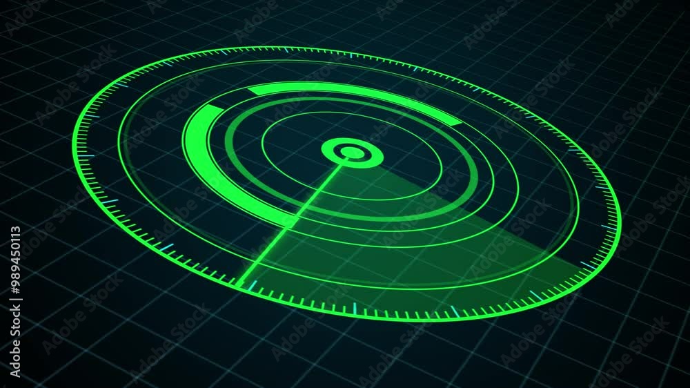 3D Radar hud Animation. rotating line and grid on black background ...