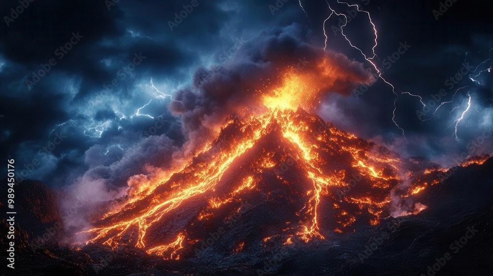 hyperrealistic erupting volcano with molten lava streams billowing ash clouds and incandescent pyroclastic flow against a night sky illuminated by lightning hyperrealistic erupting volcano with molten lava streams billowing ash clouds and incandescent pyroclastic flow against a night sky illuminated by lightning