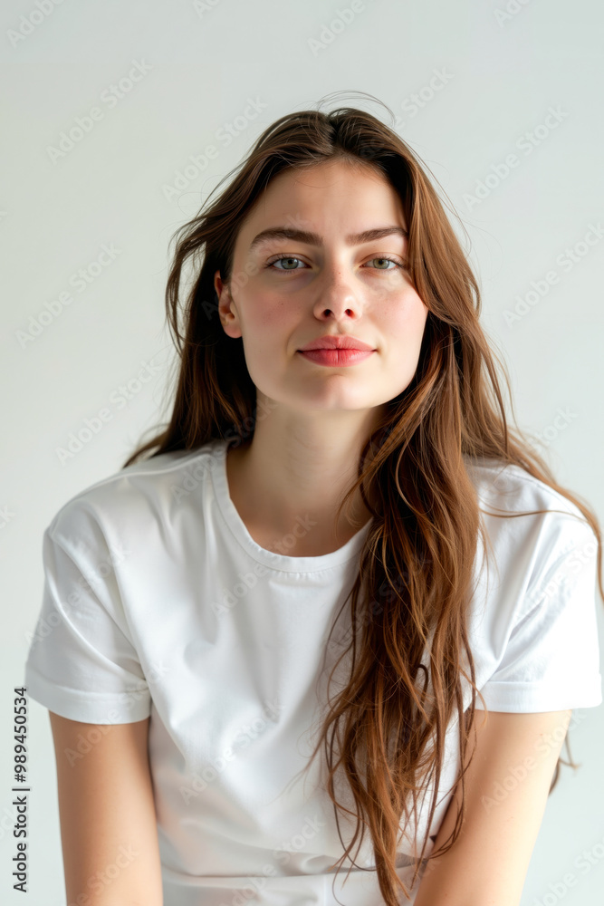 A woman with long brown hair wearing a white shirt A woman with long brown hair wearing a white shirt