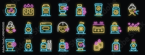 Woman applying face cream and other cosmetic products neon icons set, glowing signs collection
