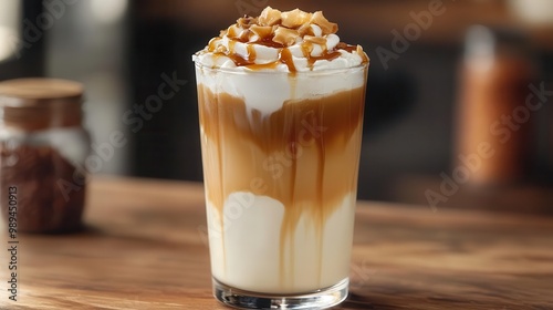 iced caramel macchiato in clear glass perfect layers visible caramel drizzle on whipped cream condensation on glass artful latte art visible through ice