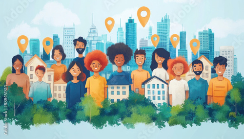 Digital community illustration depicting a virtual neighborhood where diverse avatars interact, share, and engage in meaningful conversations
