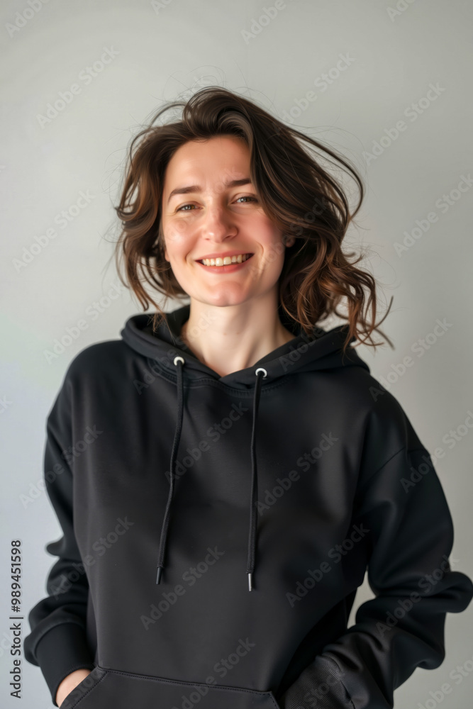 A woman in a black hoodie smiles at the camera A woman in a black hoodie smiles at the camera