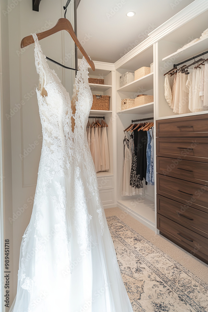 Designer dress hanging in a spacious walk-in closet Designer dress hanging in a spacious walk-in closet