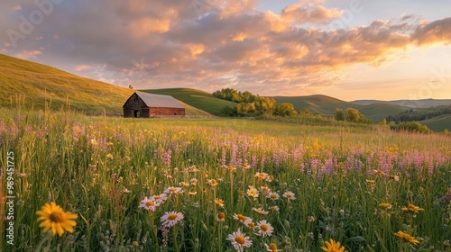 idyllic summer meadow at golden hour awash in vibrant wildflowers and swaying grasses rolling hills frame a distant rustic barn bathed in warm sunlight beneath a dramatic cloudstreaked sky photo