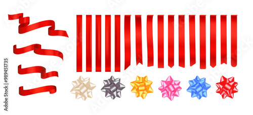 Set of red satin realistic ribbons and color decorative bows. Gift packed ribbon, tag, bookmark, flag, wrapping tape, bow, label for sale. Silk tape for holiday packaging, award decor or promotion
