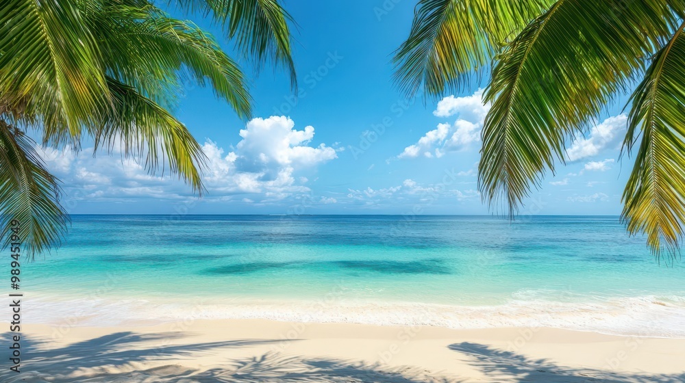 idyllic tropical beach with crystalclear turquoise waters lapping at pristine white sand lush palm trees sway gently in the breeze framing a view of the endless horizon