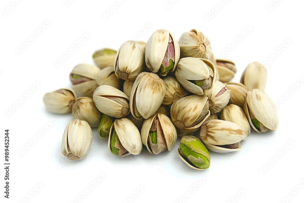A detailed close-up of pistachios on a white background, highlighting their natural textures, earthy tones, and delicious appeal. A detailed close-up of pistachios on a white background, highlighting their natural textures, earthy tones, and delicious appeal.