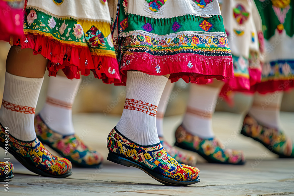 Bulgarian folklore. Girls dancing folk dance. People in traditional ...