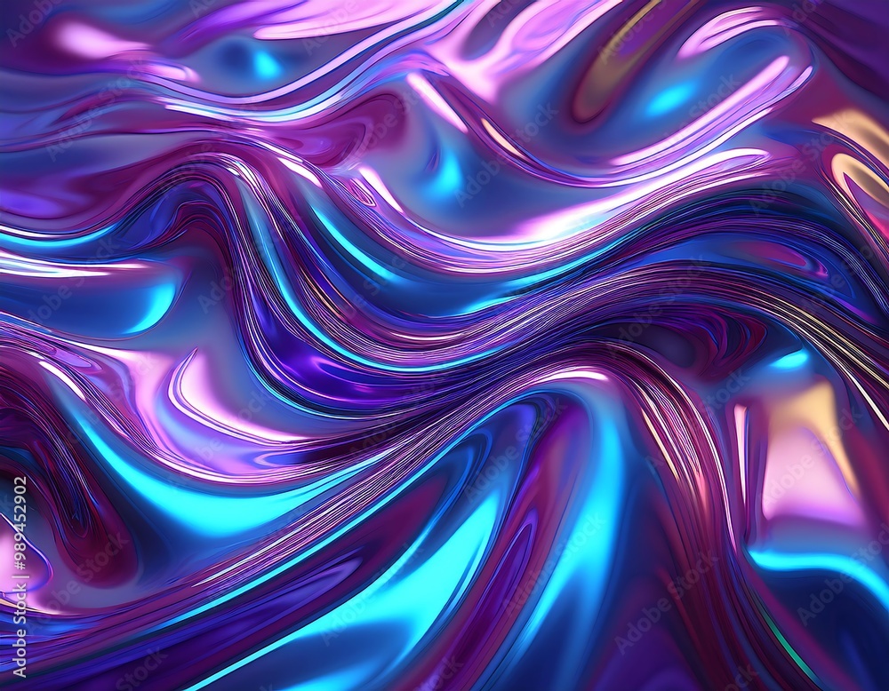 Obraz premium Metallic liquid background. Abstract neon texture. Rainbow 3d holographic foil. Wavy glossy surface in blue and purple colors.