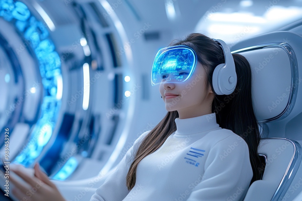 A student sitting in a high-tech study area, where holographic displays and touch-free interfaces allow them to interact with study materials in a futuristic setting