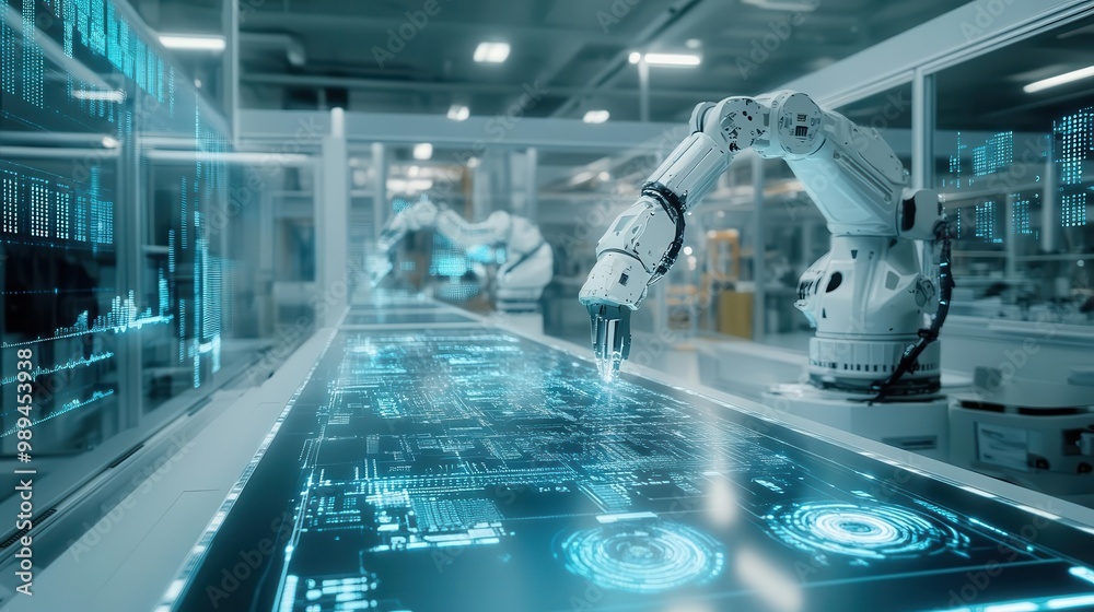 industry 40 concept futuristic factory interior robotic arms data visualization iot connectivity sleek automated production line industry 40 concept futuristic factory interior robotic arms data visualization iot connectivity sleek automated production line