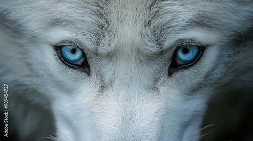 intense closeup of piercing blue eyes of white wolf against pitchblack background capturing wild spirit and primal intensity photo