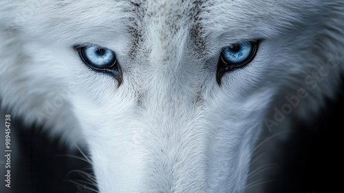 intense closeup of piercing blue eyes of white wolf against pitchblack background capturing wild spirit and primal intensity photo