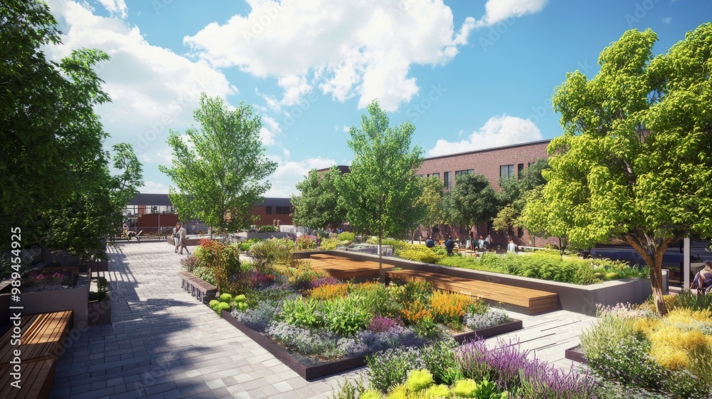 A lush, green courtyard with a large open space and a walkway. A lush, green courtyard with a large open space and a walkway.