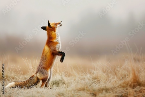 A red fox standing on its hind legs, stretching out in the misty grass of an open field, with its ears and tail raised as it looks up at something above. The background is blurred to emphasize the sub photo